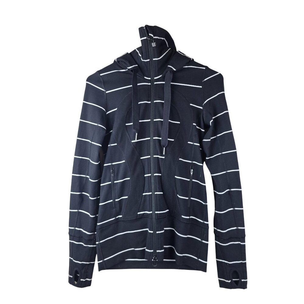 Lululemon Stride Hoodie Jacket Womens Size 2 Sailor Stripe Black White‎ RARE
